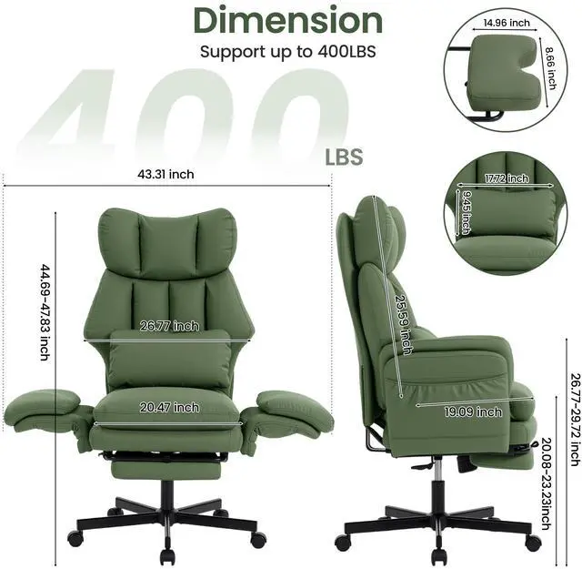 Alt view image 2 of 7 - Criss Cross Chair with Footrest, Big and Tall Office Chair with Flip Arms | Reclining Computer Gaming Chair with Lumbar Pillow & Pocket Spring Seat, Executive Desk Chair, PU Leather, Green