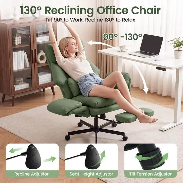 Alt view image 3 of 7 - Criss Cross Chair with Footrest, Big and Tall Office Chair with Flip Arms | Reclining Computer Gaming Chair with Lumbar Pillow & Pocket Spring Seat, Executive Desk Chair, PU Leather, Green