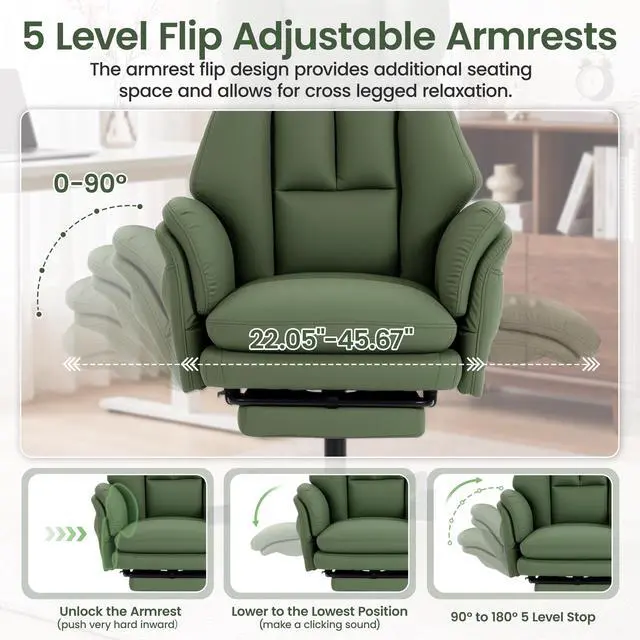 Alt view image 4 of 7 - Criss Cross Chair with Footrest, Big and Tall Office Chair with Flip Arms | Reclining Computer Gaming Chair with Lumbar Pillow & Pocket Spring Seat, Executive Desk Chair, PU Leather, Green