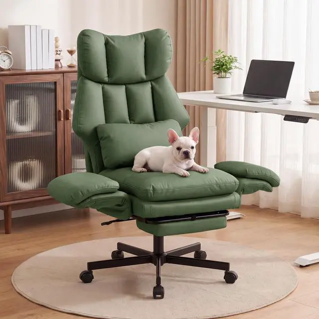 Alt view image 5 of 7 - Criss Cross Chair with Footrest, Big and Tall Office Chair with Flip Arms | Reclining Computer Gaming Chair with Lumbar Pillow & Pocket Spring Seat, Executive Desk Chair, PU Leather, Green