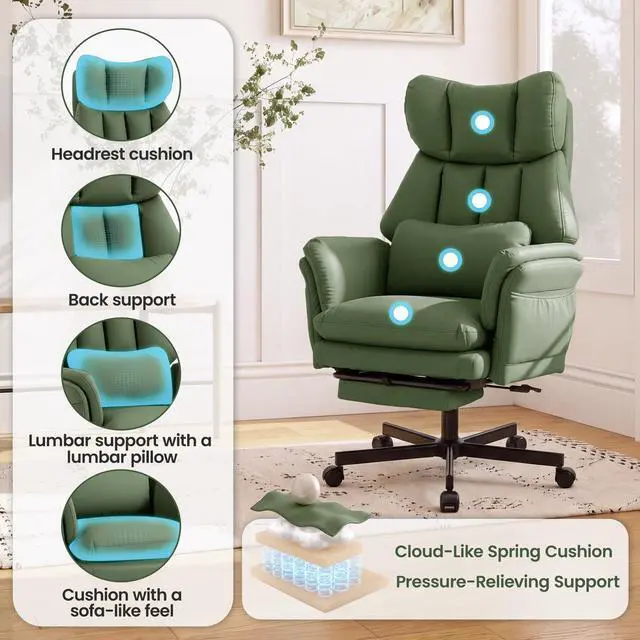 Alt view image 6 of 7 - Criss Cross Chair with Footrest, Big and Tall Office Chair with Flip Arms | Reclining Computer Gaming Chair with Lumbar Pillow & Pocket Spring Seat, Executive Desk Chair, PU Leather, Green