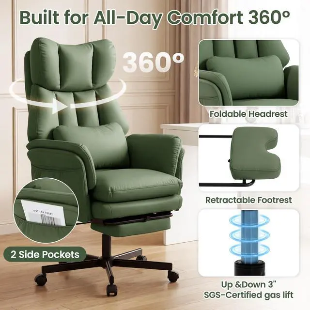 Alt view image 7 of 7 - Criss Cross Chair with Footrest, Big and Tall Office Chair with Flip Arms | Reclining Computer Gaming Chair with Lumbar Pillow & Pocket Spring Seat, Executive Desk Chair, PU Leather, Green