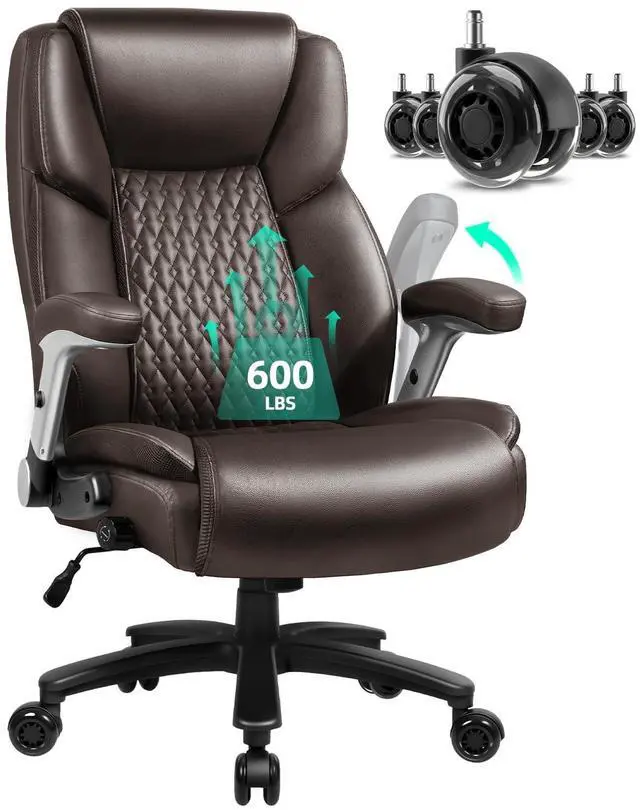 Main image of 600lbs Big and Tall Office Chair with Flip up Armrest, Large Heavy Duty with Ergonomic Lumbar Support, Executive Office Chair for Heavy People with Rubber Wheel(Brown)