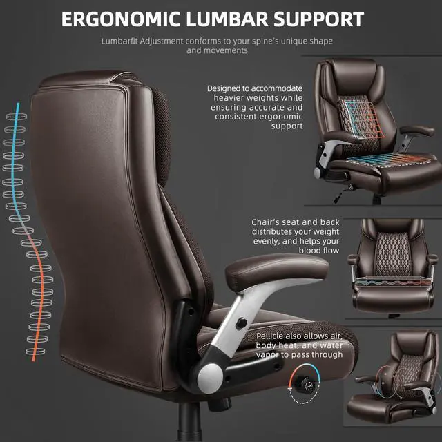 Alt view image 5 of 7 - 600lbs Big and Tall Office Chair with Flip up Armrest, Large Heavy Duty with Ergonomic Lumbar Support, Executive Office Chair for Heavy People with Rubber Wheel(Brown)