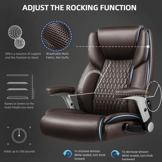 Alt view image 4 of 7 - 600lbs Big and Tall Office Chair with Flip up Armrest, Large Heavy Duty with Ergonomic Lumbar Support, Executive Office Chair for Heavy People with Rubber Wheel(Brown)