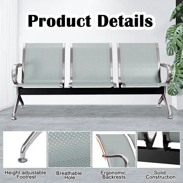 Alt view image 5 of 7 - 2Pcs Waiting Room Chairs - 3-Seat Airport Reception Chairs Reception Bench Office Guest Chairs & Reception Chairs for Office Business Bank Hospital, Silver