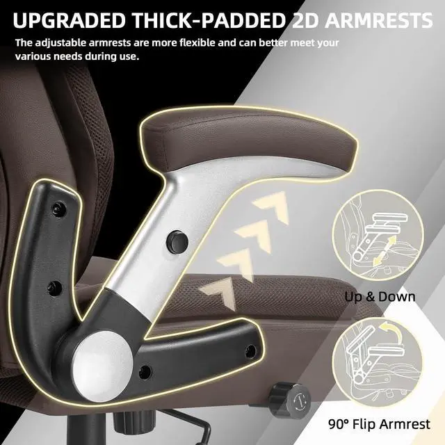 Alt view image 6 of 7 - 600lbs Big and Tall Office Chair with Flip up Armrest, Large Heavy Duty with Ergonomic Lumbar Support, Executive Office Chair for Heavy People with Rubber Wheel(Brown)