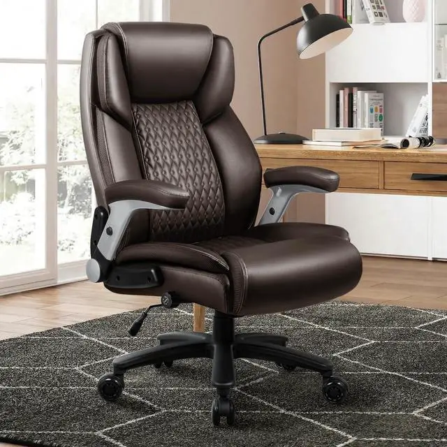 Alt view image 2 of 7 - 600lbs Big and Tall Office Chair with Flip up Armrest, Large Heavy Duty with Ergonomic Lumbar Support, Executive Office Chair for Heavy People with Rubber Wheel(Brown)