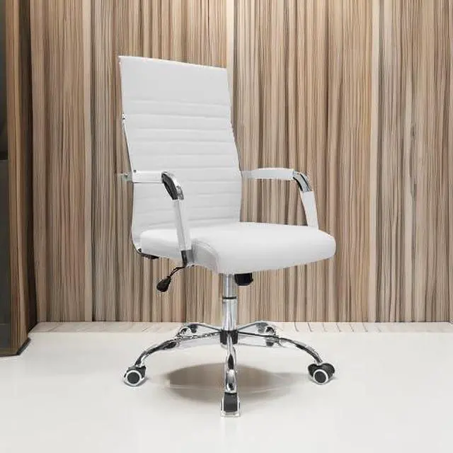 Alt view image 7 of 7 - Ergonomic Office Desk Chair, Executive Ribbed Mid-Back PU Leather Conference Room Chair Adjustable Swivel Chair with Arms (1, White)