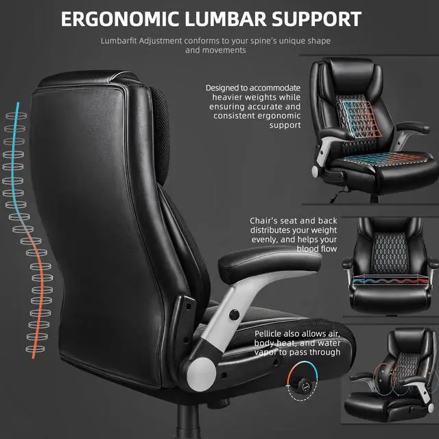 Alt view image 4 of 7 - 600lbs Flip up Armrest Big and Tall Office Chair | High Back Ergonomic Lumbar Support Executive Chair with Quiet Rubber Wheel