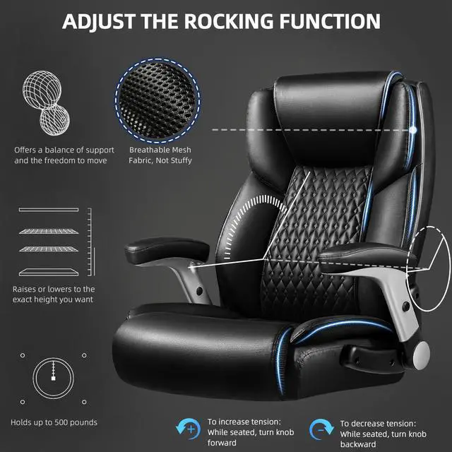 Alt view image 5 of 7 - 600lbs Flip up Armrest Big and Tall Office Chair | High Back Ergonomic Lumbar Support Executive Chair with Quiet Rubber Wheel