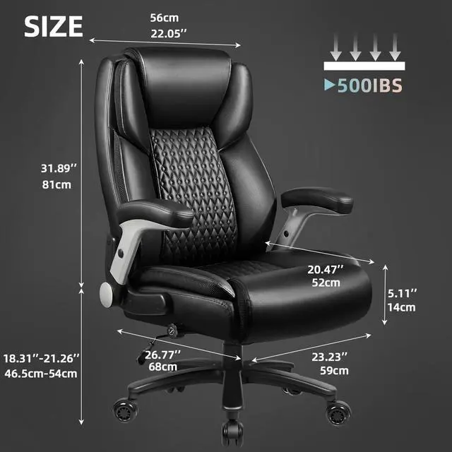Alt view image 3 of 7 - 600lbs Flip up Armrest Big and Tall Office Chair | High Back Ergonomic Lumbar Support Executive Chair with Quiet Rubber Wheel