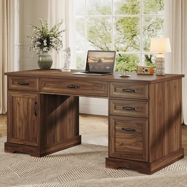 Main image of Farmhouse 59 Inch Executive Desk with Drawers, Walnut | Computer Table with File Cabinet, Charging Station, Office Desk with Drawers for Writing, Home Office, Computer Workstation