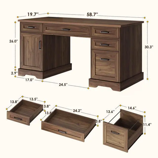 Alt view image 2 of 7 - Farmhouse 59 Inch Executive Desk with Drawers, Walnut | Computer Table with File Cabinet, Charging Station, Office Desk with Drawers for Writing, Home Office, Computer Workstation