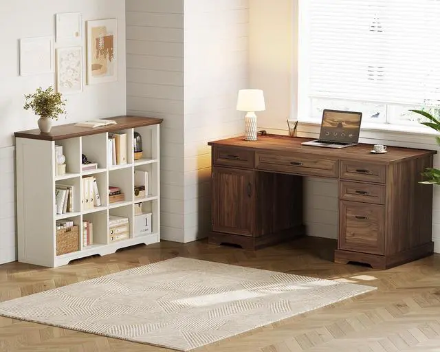 Alt view image 3 of 7 - Farmhouse 59 Inch Executive Desk with Drawers, Walnut | Computer Table with File Cabinet, Charging Station, Office Desk with Drawers for Writing, Home Office, Computer Workstation