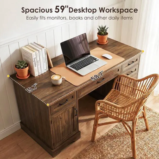 Alt view image 4 of 7 - Farmhouse 59 Inch Executive Desk with Drawers, Walnut | Computer Table with File Cabinet, Charging Station, Office Desk with Drawers for Writing, Home Office, Computer Workstation