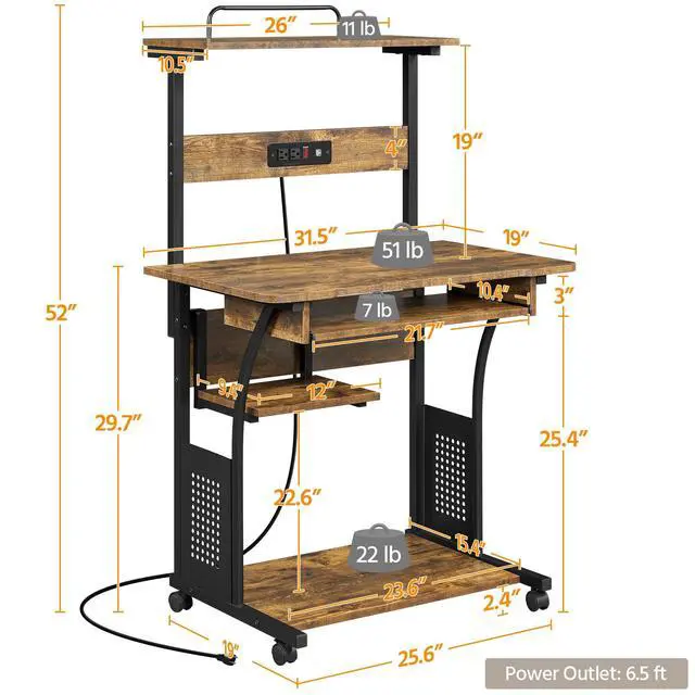 Alt view image 3 of 7 - 3 Tiers Rolling Computer Desk with Power Outlet and USB Ports for Space Saving, Home Office Desk with Keyboard Tray and Printer Shelf on Wheels, Laptop PC Workstation Table, Rustic Brown