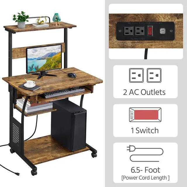 Alt view image 4 of 7 - 3 Tiers Rolling Computer Desk with Power Outlet and USB Ports for Space Saving, Home Office Desk with Keyboard Tray and Printer Shelf on Wheels, Laptop PC Workstation Table, Rustic Brown