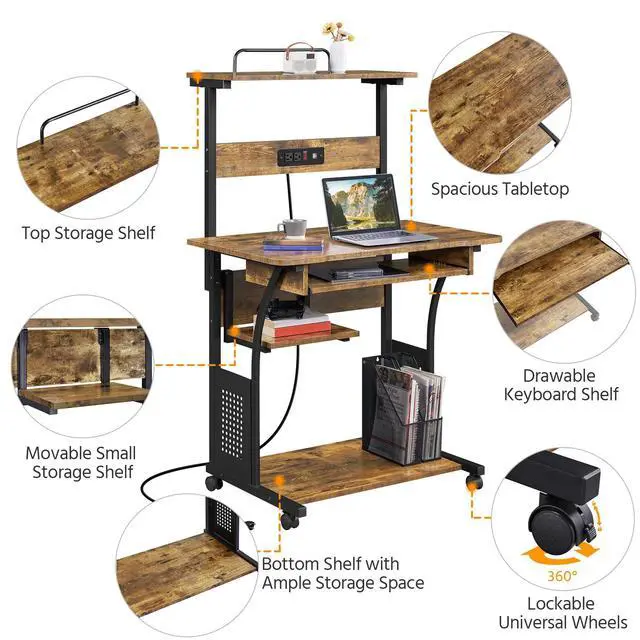 Alt view image 5 of 7 - 3 Tiers Rolling Computer Desk with Power Outlet and USB Ports for Space Saving, Home Office Desk with Keyboard Tray and Printer Shelf on Wheels, Laptop PC Workstation Table, Rustic Brown