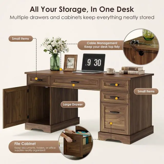 Alt view image 5 of 7 - Farmhouse 59 Inch Executive Desk with Drawers, Walnut | Computer Table with File Cabinet, Charging Station, Office Desk with Drawers for Writing, Home Office, Computer Workstation