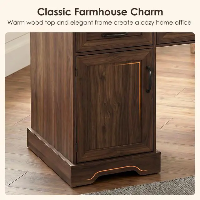 Alt view image 7 of 7 - Farmhouse 59 Inch Executive Desk with Drawers, Walnut | Computer Table with File Cabinet, Charging Station, Office Desk with Drawers for Writing, Home Office, Computer Workstation