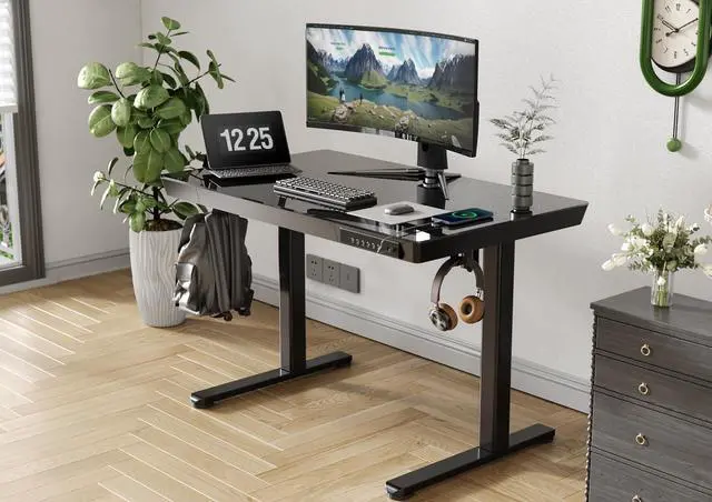 Alt view image 2 of 7 - Glass Standing Desk with Drawers & USB Ports 40x24 Inch, Black | 3 Steps Quick Install, 2 Zones Drawer, USB Ports, Ultra White One-Piece Glass Top, Writable Top