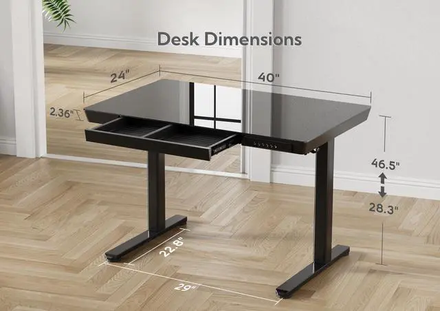 Alt view image 3 of 7 - Glass Standing Desk with Drawers & USB Ports 40x24 Inch, Black | 3 Steps Quick Install, 2 Zones Drawer, USB Ports, Ultra White One-Piece Glass Top, Writable Top