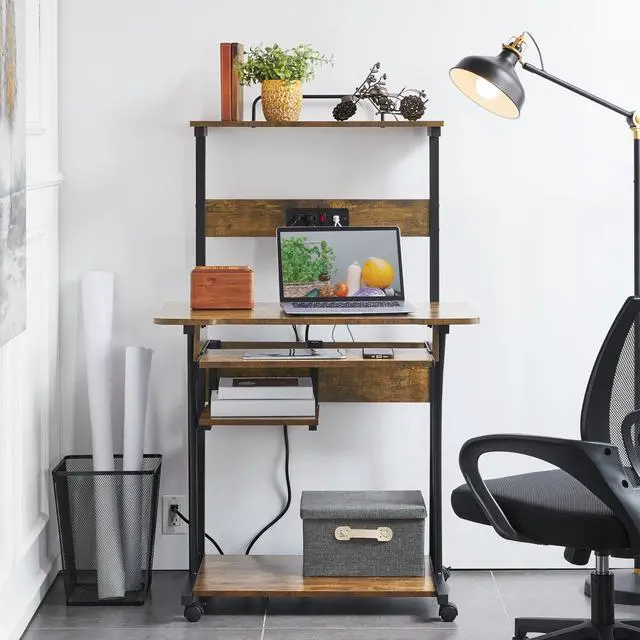 Alt view image 2 of 7 - 3 Tiers Rolling Computer Desk with Power Outlet and USB Ports for Space Saving, Home Office Desk with Keyboard Tray and Printer Shelf on Wheels, Laptop PC Workstation Table, Rustic Brown