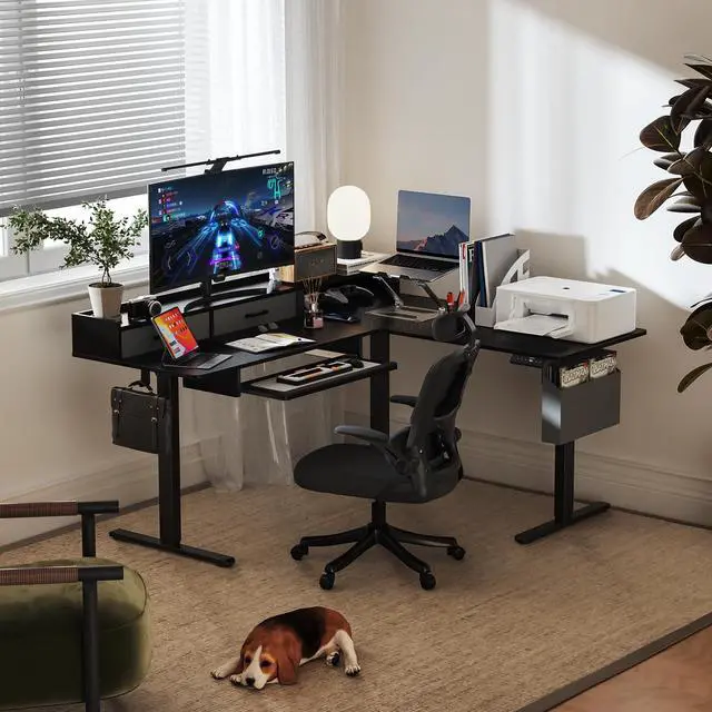 Alt view image 2 of 7 - 63 Inches L Shaped Standing Desk with Keyboard Tray and 2 Drawers, L Shaped Electric Standing Desk, Adjustable L Shaped Office Desk,Corner Standing Desk for Home Office, Black