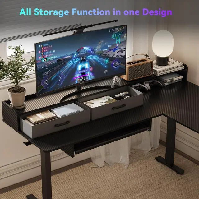 Alt view image 4 of 7 - 63 Inches L Shaped Standing Desk with Keyboard Tray and 2 Drawers, L Shaped Electric Standing Desk, Adjustable L Shaped Office Desk,Corner Standing Desk for Home Office, Black