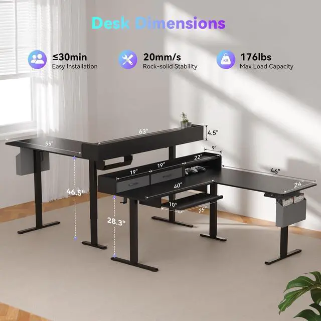 Alt view image 5 of 7 - 63 Inches L Shaped Standing Desk with Keyboard Tray and 2 Drawers, L Shaped Electric Standing Desk, Adjustable L Shaped Office Desk,Corner Standing Desk for Home Office, Black