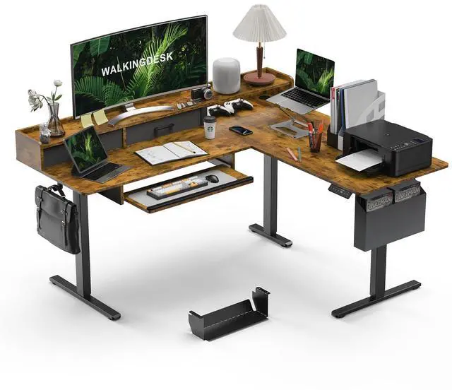 Main image of 63 Inches L Shaped Standing Desk with Keyboard Tray and 2 Drawers, L Shaped Electric Standing Desk, Adjustable L Shaped Office Desk,Corner Standing Desk for Home Office, Rustic Brown