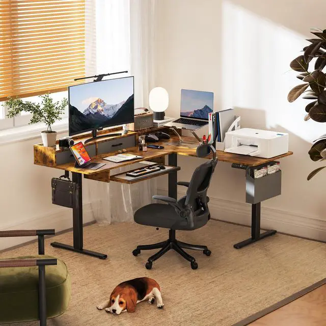 Alt view image 2 of 7 - 63 Inches L Shaped Standing Desk with Keyboard Tray and 2 Drawers, L Shaped Electric Standing Desk, Adjustable L Shaped Office Desk,Corner Standing Desk for Home Office, Rustic Brown