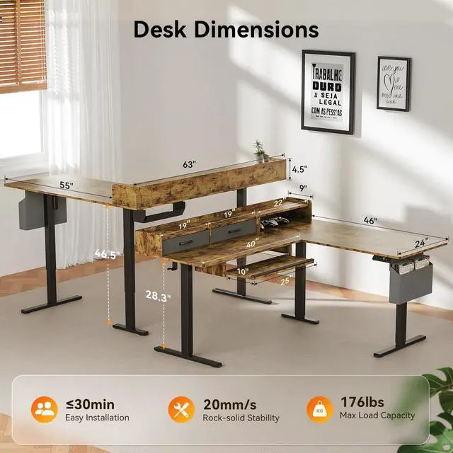 Alt view image 3 of 7 - 63 Inches L Shaped Standing Desk with Keyboard Tray and 2 Drawers, L Shaped Electric Standing Desk, Adjustable L Shaped Office Desk,Corner Standing Desk for Home Office, Rustic Brown