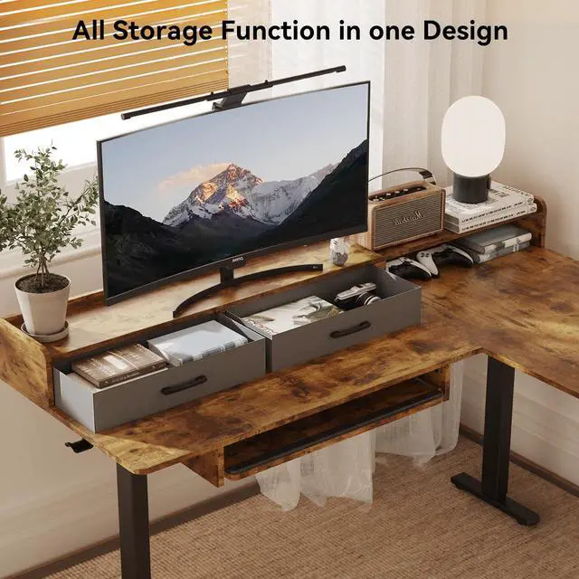 Alt view image 4 of 7 - 63 Inches L Shaped Standing Desk with Keyboard Tray and 2 Drawers, L Shaped Electric Standing Desk, Adjustable L Shaped Office Desk,Corner Standing Desk for Home Office, Rustic Brown