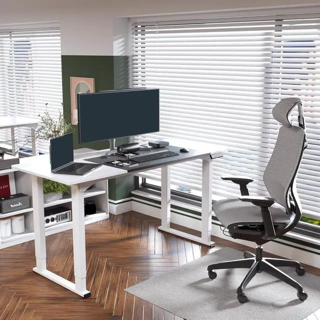 Alt view image 2 of 6 - 4-Leg 63''x28'' Large Electric Height Adjustable Standing Desk | Computer Stand Up Desk with Memory Presets for Home Office, Computer Workstation, White