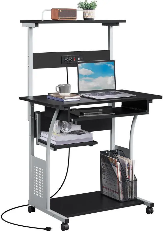 Main image of Small 3-Tier Rolling Computer Desk, Power Outlet, Black | Engineered wood tiers and metal frame suit small spaces, holding a monitor, printer, and keyboard tray by a built-in outlet
