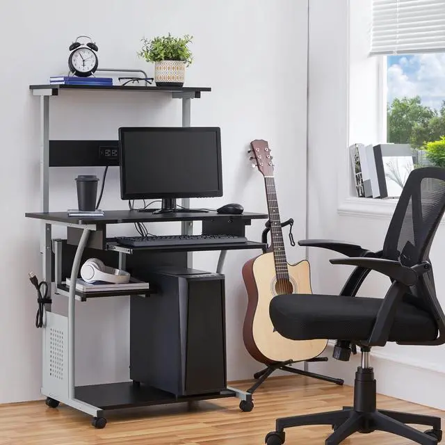 Alt view image 2 of 7 - Small 3-Tier Rolling Computer Desk, Power Outlet, Black | Engineered wood tiers and metal frame suit small spaces, holding a monitor, printer, and keyboard tray by a built-in outlet