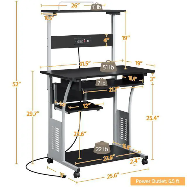 Alt view image 3 of 7 - Small 3-Tier Rolling Computer Desk, Power Outlet, Black | Engineered wood tiers and metal frame suit small spaces, holding a monitor, printer, and keyboard tray by a built-in outlet