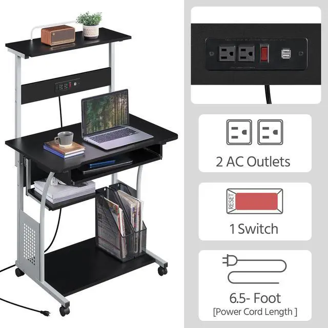 Alt view image 5 of 7 - Small 3-Tier Rolling Computer Desk, Power Outlet, Black | Engineered wood tiers and metal frame suit small spaces, holding a monitor, printer, and keyboard tray by a built-in outlet