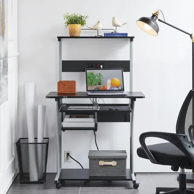 Alt view image 4 of 7 - Small 3-Tier Rolling Computer Desk, Power Outlet, Black | Engineered wood tiers and metal frame suit small spaces, holding a monitor, printer, and keyboard tray by a built-in outlet