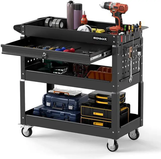 Main image of 3 Tier Rolling Tool Cart with Lockable Drawer, Heavy Duty Metal Utility Cart on Wheels with Pegboards & Hooks, Mechanic Tool Storage Organizer for Garage, Warehouse & Workshop (Black)