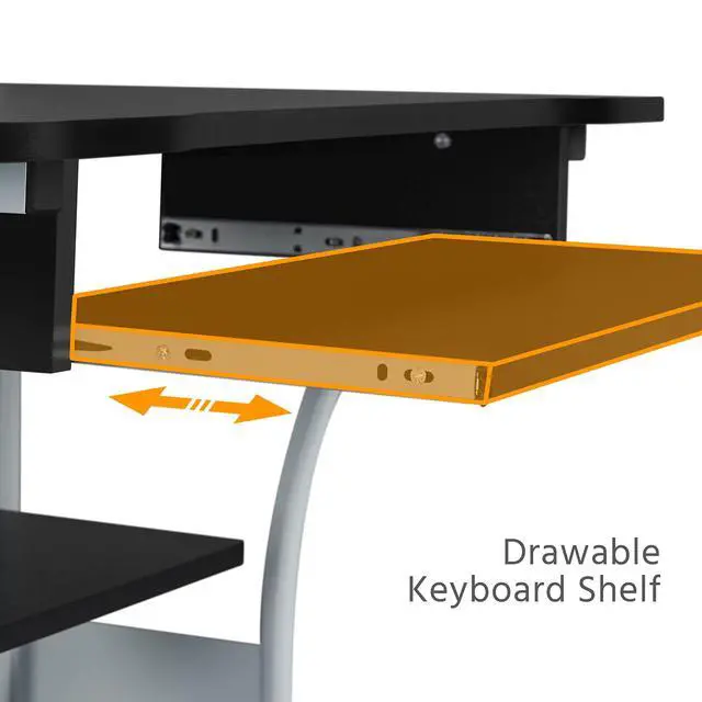 Alt view image 7 of 7 - Small 3-Tier Rolling Computer Desk, Power Outlet, Black | Engineered wood tiers and metal frame suit small spaces, holding a monitor, printer, and keyboard tray by a built-in outlet