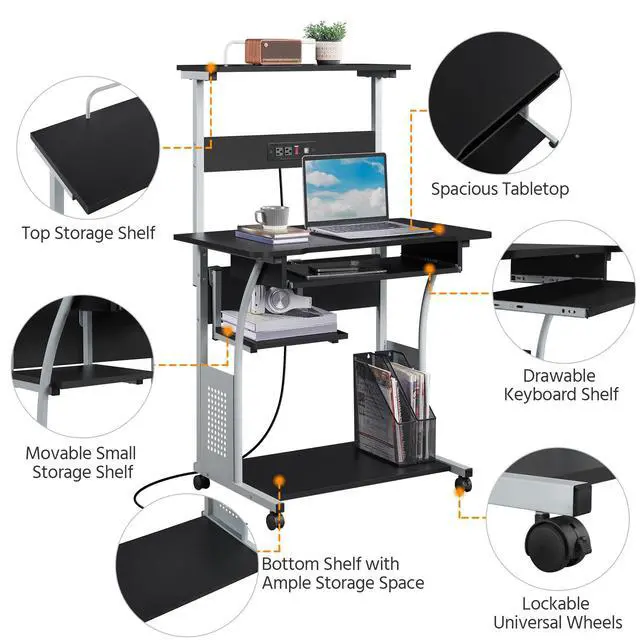 Alt view image 6 of 7 - Small 3-Tier Rolling Computer Desk, Power Outlet, Black | Engineered wood tiers and metal frame suit small spaces, holding a monitor, printer, and keyboard tray by a built-in outlet