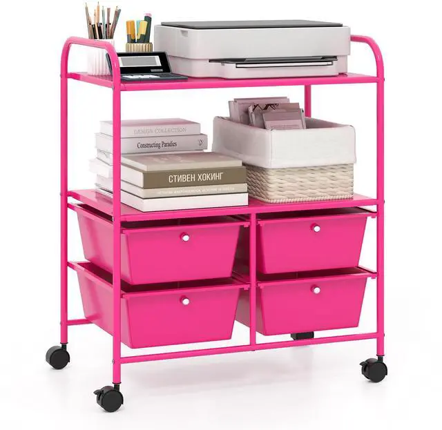 Main image of Rolling Storage Cart w/ 4 Drawers 2 Shelves Metal Rack Shelf Home Office School Beauty Salon Utility Organizer Cart with Wheels, Hot Pink