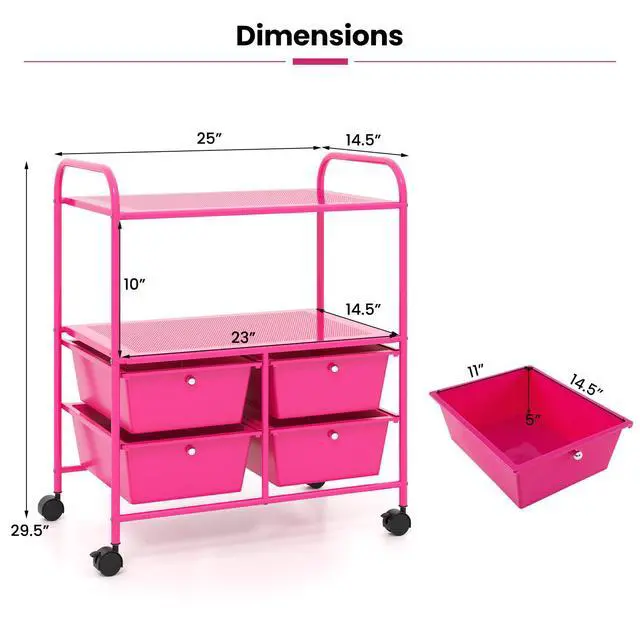 Alt view image 3 of 7 - Rolling Storage Cart w/ 4 Drawers 2 Shelves Metal Rack Shelf Home Office School Beauty Salon Utility Organizer Cart with Wheels, Hot Pink