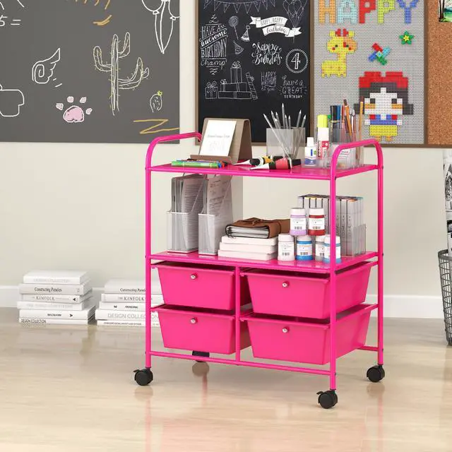 Alt view image 4 of 7 - Rolling Storage Cart w/ 4 Drawers 2 Shelves Metal Rack Shelf Home Office School Beauty Salon Utility Organizer Cart with Wheels, Hot Pink