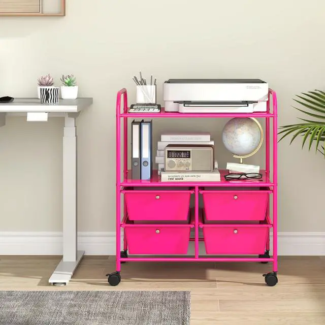 Alt view image 2 of 7 - Rolling Storage Cart w/ 4 Drawers 2 Shelves Metal Rack Shelf Home Office School Beauty Salon Utility Organizer Cart with Wheels, Hot Pink