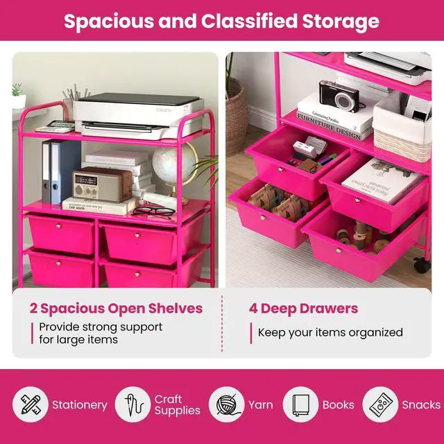 Alt view image 5 of 7 - Rolling Storage Cart w/ 4 Drawers 2 Shelves Metal Rack Shelf Home Office School Beauty Salon Utility Organizer Cart with Wheels, Hot Pink