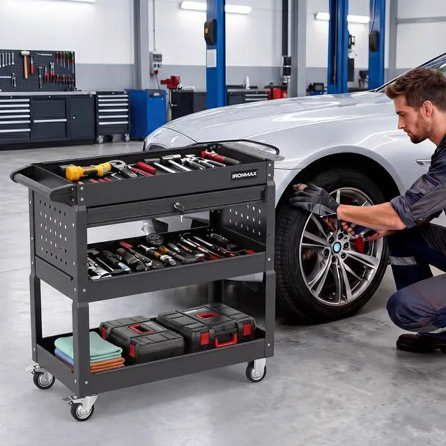 Alt view image 2 of 7 - 3 Tier Rolling Tool Cart with Lockable Drawer, Heavy Duty Metal Utility Cart on Wheels with Pegboards & Hooks, Mechanic Tool Storage Organizer for Garage, Warehouse & Workshop (Black)